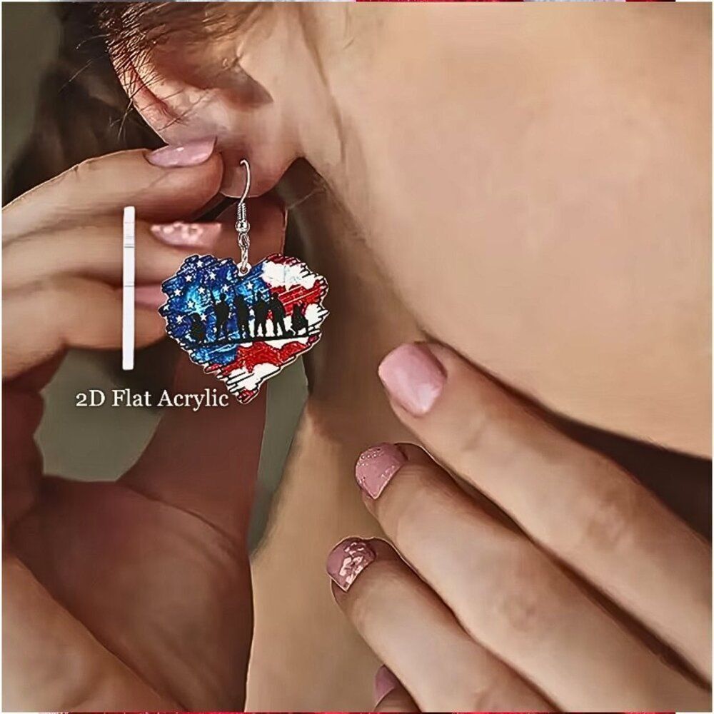 NWT Military Troops Patriotic Heart Earrings Acrylic USA Flag Background